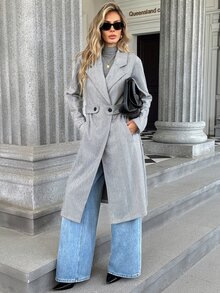 SHEIN PariChic Autumn/Winter Elegant Flat Collar Herringbone Pocket Tie-Front Long Sleeve Jacket, Suitable For Daily Wear - Grey - View 5