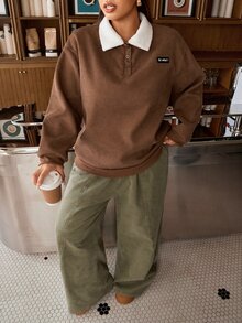 Muchica Plus-Size Brown Color-Block Corduroy Sweatshirt With Half-Zip And Fleece Lining (Preppy Style) - Brown - View 5