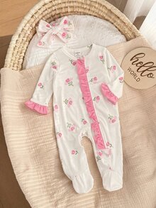 SHEIN 可愛新生女嬰針織蝴蝶結荷葉邊連身衣 - 粉色 - 查看 5