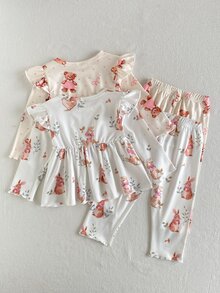 SHEIN Vintaside Kids 4件組女嬰秋季套裝 可愛兔子與熊印花長袖荷葉邊上衣搭配長褲 休閒居家服 - 彩色 - 查看 2