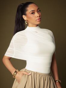 Vixey Burgundy Mesh Asymmetrical Draped Sleeve Mock Neck Top - White - View 2