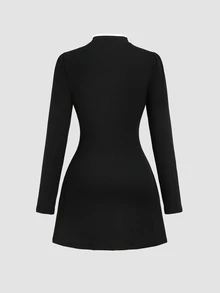 Sweetra Women's Sweetro Elegant Cheongsam Slim Fit Long Sleeve Short Dress - Black - View 2