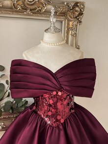 Lovelzi Elegant Romantic Fashionable Angola Red Satin Sequin Patchwork Strapless Off-Shoulder Adjustable Back Flared Short Party Dress, Wedding Guest Dress, Deep Red Dress, Bachelorette Party, Ball Gown - Burgundy - View 5