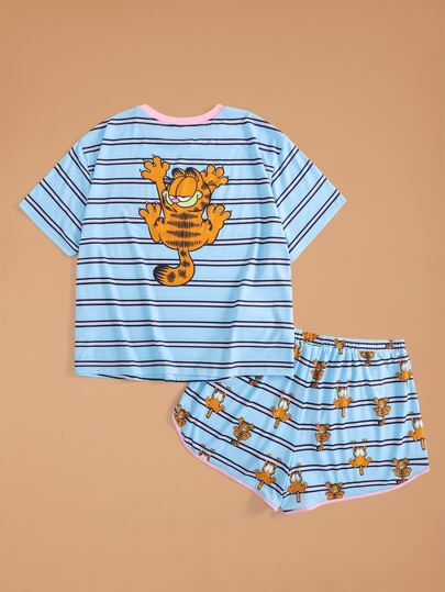 GARFIELD | SHEIN Damski komplet piżamowy plus size z topem z krótkim rękawem i szortami, w paski i z nadrukiem kreskówkowym, casualowy do domu i na co dzień