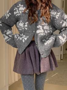 DAZY Women's Colorblock Pattern Jacquard Loose Long Sleeve Crew Neck Casual Vacation Autumn/Winter Knit Cardigan - Grey - View 1