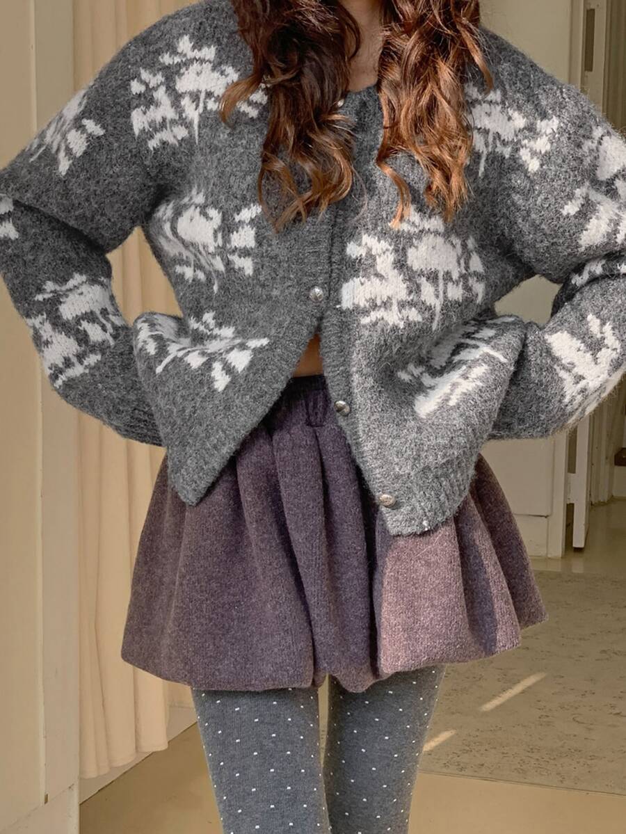 DAZY Women's Colorblock Pattern Jacquard Loose Long Sleeve Crew Neck Casual Vacation Autumn/Winter Knit Cardigan - Grey - View 1