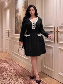 Vibekara Autumn/Winter New French Elegant Lady Style Luxury V-Neck Heavy Embroidery Patchwork Lace Slim Fit Long Sleeve Dress For Women Fall - Black - View 3
