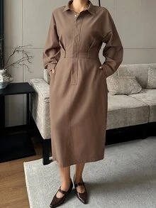 Dazy Plus Elegant High Waist Fashion Casual French Vintage Niche Design Single-Breasted Lapel Dress - Brown - View 3