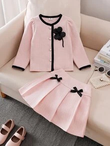 Toddler Girls Set Polyester Round Neck Long Sleeve Button Front Bow Short Regular Fit Jacket Set Fall/Winter Multicolor - Multicolor - View 4