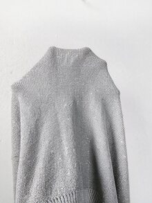 SHEIN New Spring Fall Glam Lurex Knit Slant Cut V Neck Top Women Drop Shoulder Three Quarter Cuff Sleeve Rel - Light Grey - View 6