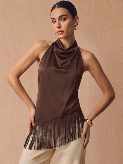 CielaLinda Women's Halter Cowl Neck Fringe Satin Asymmetric Hem Tie-Up Sleeveless Top