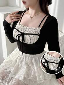 Dazy Plus Colorblock Patchwork Wrap Elegant Korean Style Long Sleeve Spring/Autumn New T-Shirt - Black - View 1