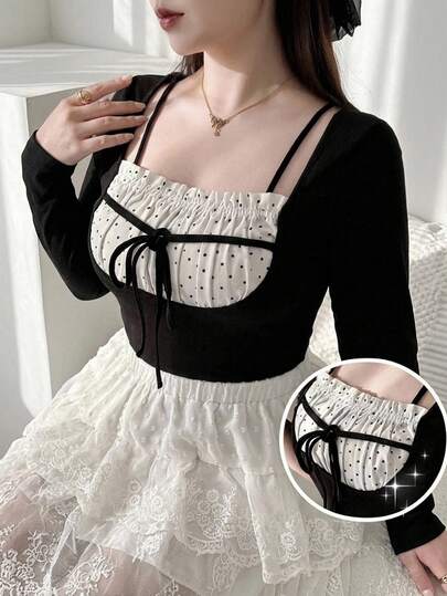 Dazy Plus Colorblock Patchwork Wrap Elegant Korean Style Long Sleeve Spring/Autumn New T-Shirt