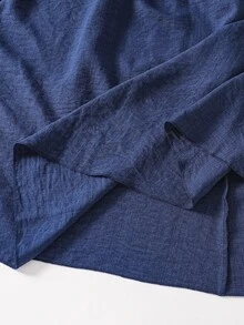 SHEIN فستان بناتي واحد بياقة مكشكشة، فستان خريفي، مزين بفيونكة على خط الرقبة الأمامي، أكمام طويلة منتفخة مع زخرفة خرزية - أزرق بحري - مشاهدة 8