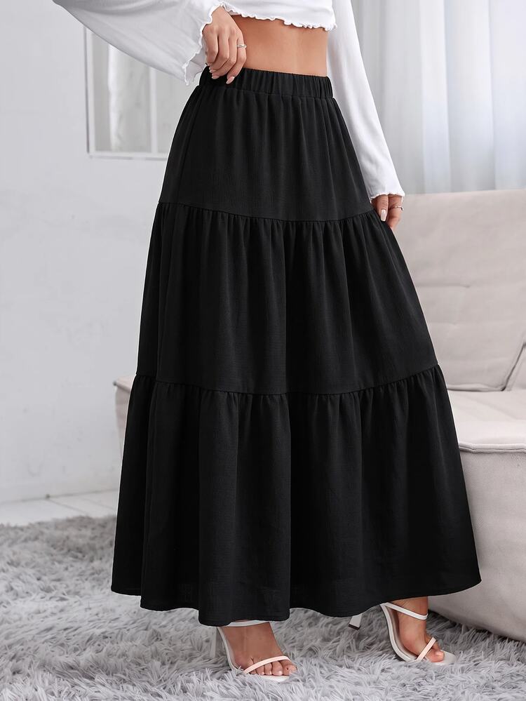 SHEIN PETITE Women's Solid Color Elastic Waist Ruffle Hem Casual Skirt - Black - View 4