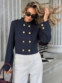 Pariaura French Vintage Court Style Red Short Jacket, Double-Breasted Gold Button Stand Collar - Navy Blue - View 4