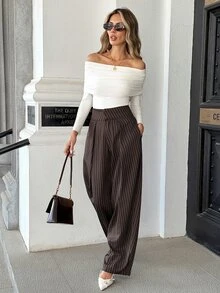 Pariaura Women's Fashion Pleated Striped Loose Fit Business Elegant Trousers - Multicolor - View 5