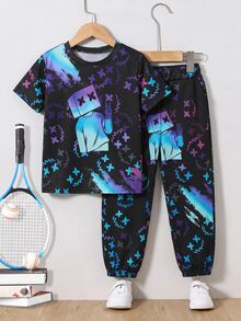 SHEIN 小男孩休閒卡通反光圓領套頭衫 2件組運動服 - 彩色 - 查看 1