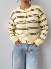 SHEIN BASICS Women's Casual Cardigan, Autumn/Winter Clothing, Y2K Style, Striped Cardigan - Yellow - View 4