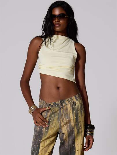 MUSERA Top cu guler barcă, spate gol, textură soft touch, culoare lămâie, pentru vară, toamnă și iarnă, pentru ieșit în oraș și festival, stil cool girl, low frequency