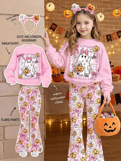 SHEIN Cute Young Girl Halloween Outfit Pink Ghost And Pumpkin Sweatshirt With Matching Flare Leggings