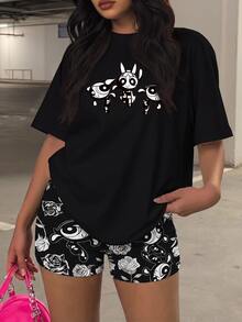 Slaydiva THE POWERPUFF GIRLS X SHEIN 大尺碼女款卡通印花短袖上衣與短褲兩件套 - 彩色 - 查看 3