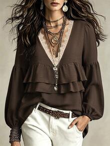 LUMIGAL Spring/Autumn Women's Lace V-Neck Ruffle Lantern Sleeve Casual Boho Blouse Dating Everyday Commuting Party Brown - Brown - View 1