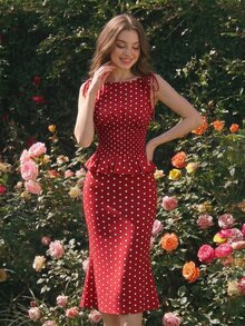 SHEIN MOD Conjunto de Top de Tirantes con Cintura Fruncida y Plisada y Falda de Sirena con Lunares - Rojo - Ver 2