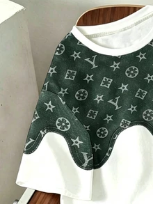 SHEIN 青少年男孩拼色花卉印花圓領短袖T恤與寬鬆印花短褲2件套，夏季戶外運動套裝 - 軍綠色 - 查看 4