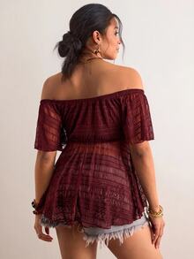 Freevana Plus Size Women's Vacation Ruched Tie Off Shoulder Top - Burgundy - View 2