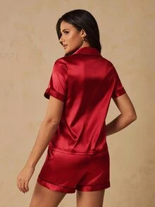 SHEIN Women's Solid Color Short Sleeve Top And Shorts Casual Daily Home Sleepwear Set - Burgundy - View 2