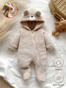 SHEIN Vintaside Kids 新生兒冬季可愛連帽連身衣，附毛絨熊耳朵，柔軟泰迪熊風加厚抓絨連身褲，男女通用秋季爬行服 - 棕色 - 查看 3