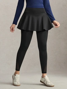 Activina Women's Summer&Spring Elegant Black Athletic 2 In 1 Skirt Leggings With Ruffled Skirt And Sheer Mesh Details Perfect For Workouts - Black - View 5