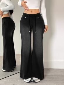 Flexra Vintage Gradient Washed Comfortable Elastic Drawstring Waist Distressed Denim Loose Flared Pants Four-Way Stretch Slimming Leg-Lengthening Bell Bottom Long Pants Commute Slouchy Casual Super Soft Jeans - Black - View 4