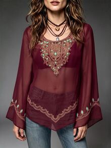 INAWLY Women's Mesh Casual Sheer Long Sleeve Top For Daily Wear - Burgundy - View 4