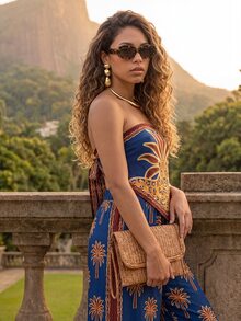 CAJUNI Set Atasan dan Syal dengan Celana Panjang Lebar, Motif Leopard, Gaya Boho Chic. - Biru - View 4