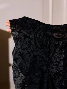 Slumberist Dark Vintage Portrait Cross Lace Sleeveless V-Neck Dress, Minimalist Sexy Sheer Mesh Asymmetrical Ruffle Hem Slimming Dress - Black - View 6