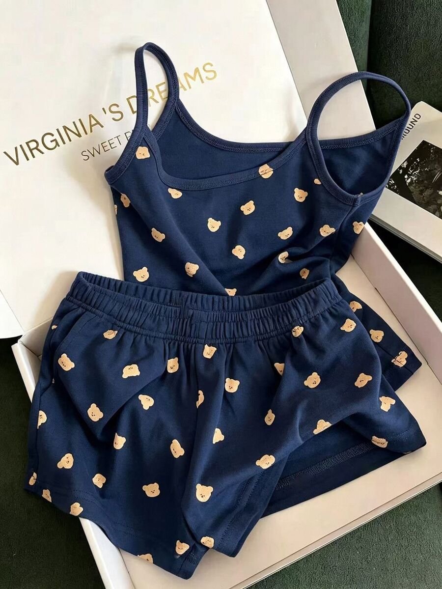 Franclia Women's Casual Vacation Bear Print Camisole & Shorts 2 Pieces Set - Navy Blue - View 1