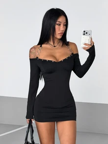StreetHx Women's Off-Shoulder Criss-Cross Strap Metal Ring Decor Bodycon Mini Dress - Black - View 6