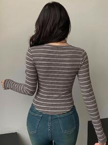 DAZY 女款休閒條紋長袖T恤，秋季 - 藍色和黑色 - 查看 4