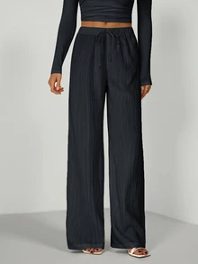 SHEIN Tall Loose Drawstring Waist Trousers In Textured Crinkle Fabric - Dark Grey - View 7