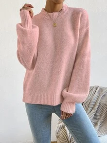 SHEIN 女款簡約優雅蓮花粉圓領針織燈籠袖套頭衫，適合日常穿著、購物、休閒、度假、旅行、約會 - 藕粉色 - 查看 5