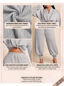Brilight Grey Ribbed Knit 2 Pieces Loungewear Set V Neck Long Top High Waist Jogger Pants For Daily Lounge Str - Grey - View 4