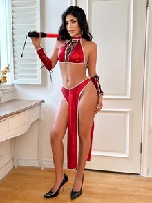 Fantasy Costume Fantasy Costume 3pcs Halloween Chun-Li Samurai Cosplay Cross PU Patchwork Slit Lingerie + Skirt + Panty Women's Costume - Red - View 1
