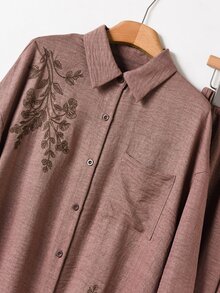 Rusticease 女款刺繡襯衫與長褲兩件套 - 棕色 - 查看 3