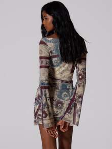 MUSERA Graphic Printed Off Shoulder Ruched Mini Dress Summer Autumn Fall Winter  Going Out Festival Cool Girl Low Frequency - Multicolor - View 4