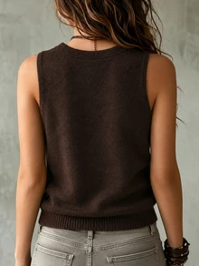SHEIN Women Fall Winter V Neck Surplice Cable Knit Vest Sleeveless Cropped Knit Waistcoat - Brown - View 3
