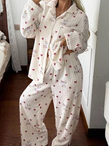 Dazy Plus Plus Size 2pcs/Set Thermal Lined Thickened Cute Long Pants Home Wear Pajama Set For Autumn/Winter - Apricot - View 1
