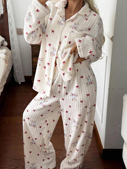 Dazy Plus Plus Size 2pcs/Set Thermal Lined Thickened Cute Long Pants Home Wear Pajama Set For Autumn/Winter