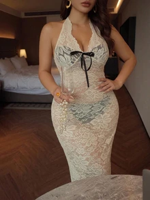 Dazy Plus Halter Neck Contrast Color Bow Decor Slim Fit Lace Sheer Sexy Nightgown - Apricot - View 2